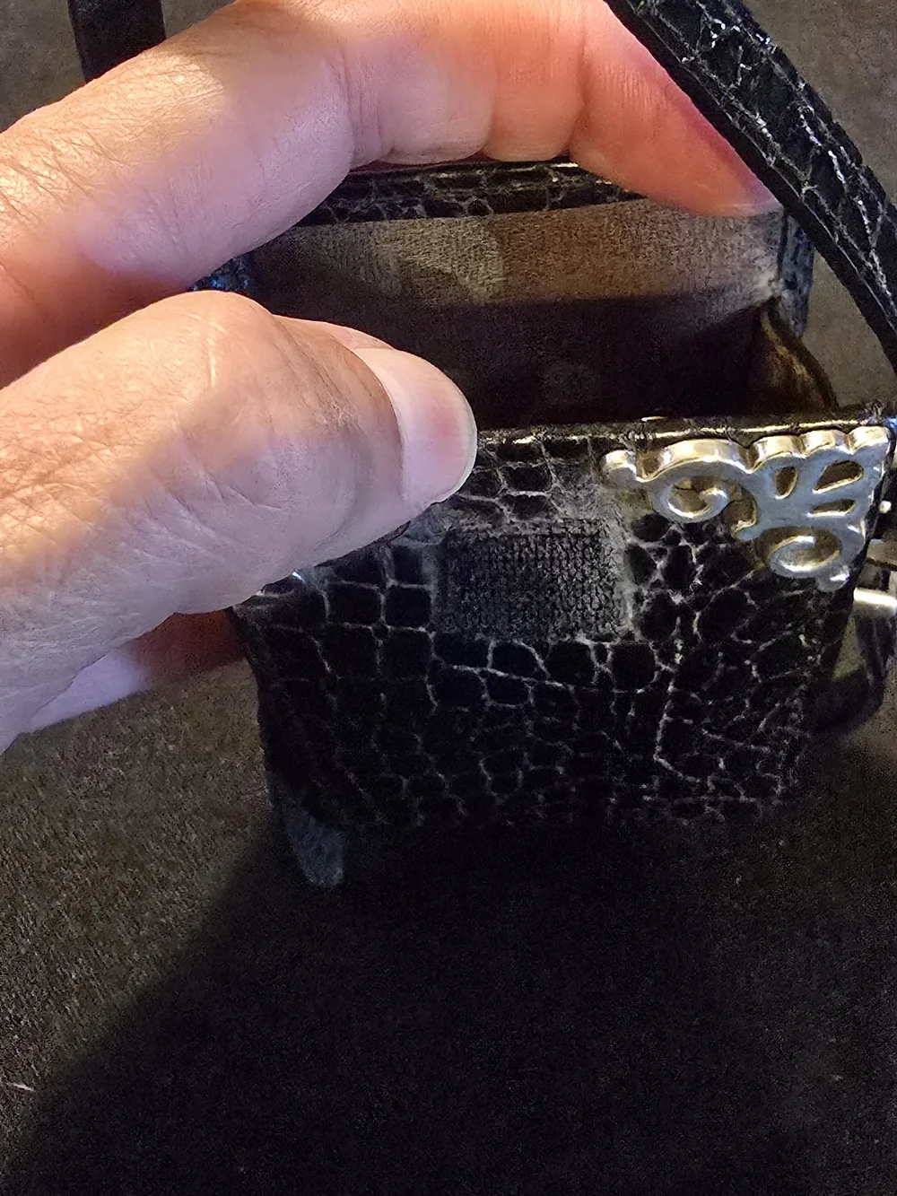 Brighton Black Croc-Embossed Leather Phone Crossbody with Silver Accents